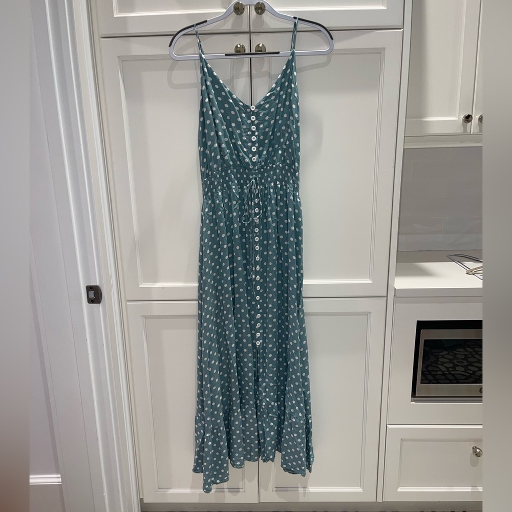 Sleeveless Teal Polka Dot Maxi Dress with Buttons